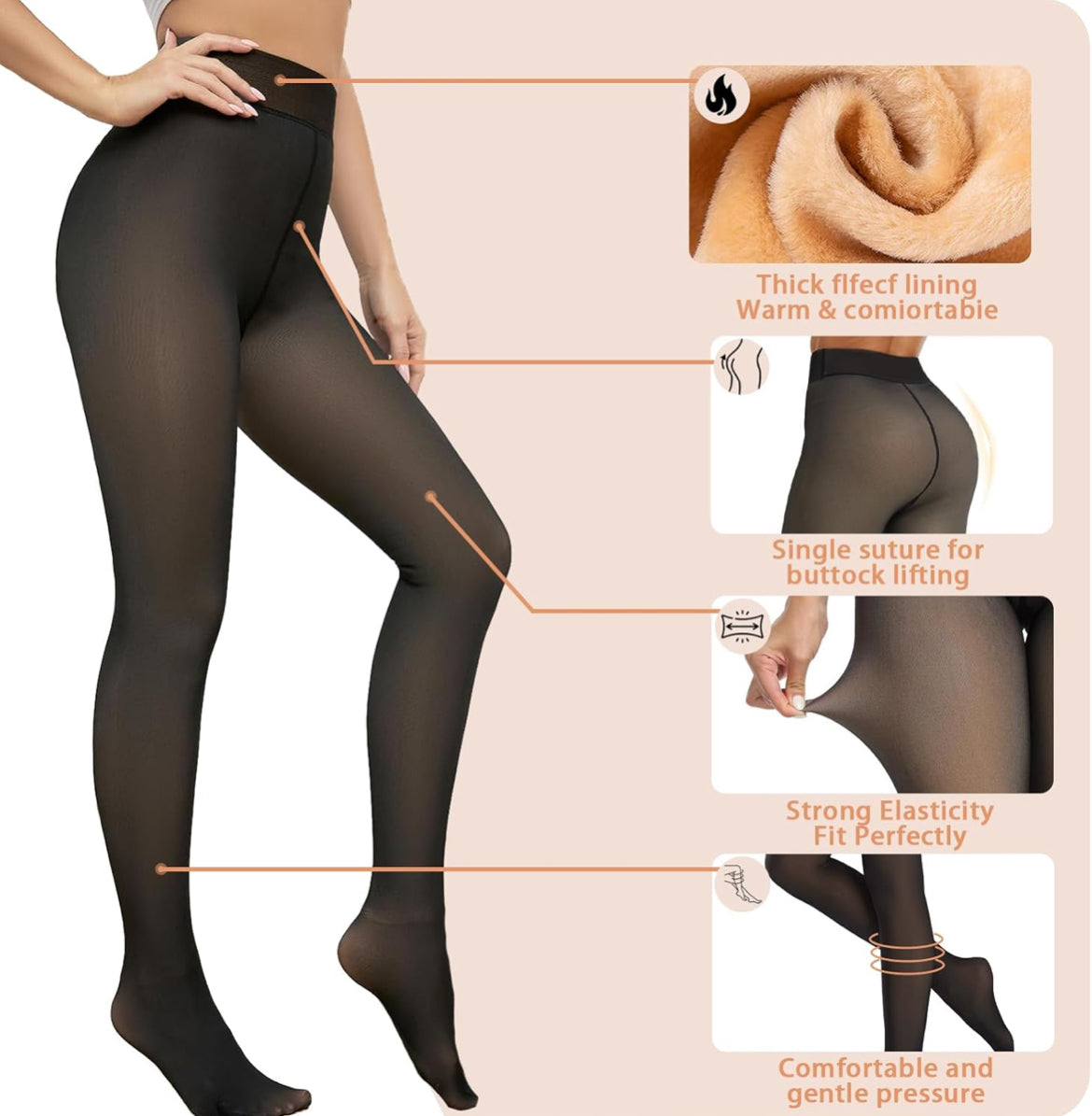 Fleece lined tights for women transparent black thermal leggings winter