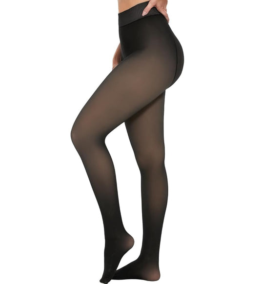 Fleece lined tights for women transparent black thermal leggings winter